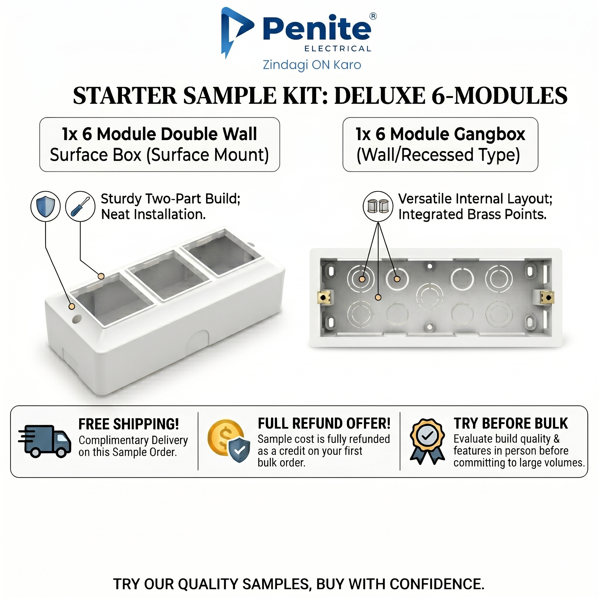 Penite Sample Kit — 6 Module Gang Box + Surface Box