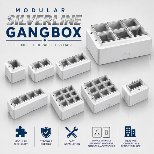 Modular Silverline gangbox with various configurations on a white background